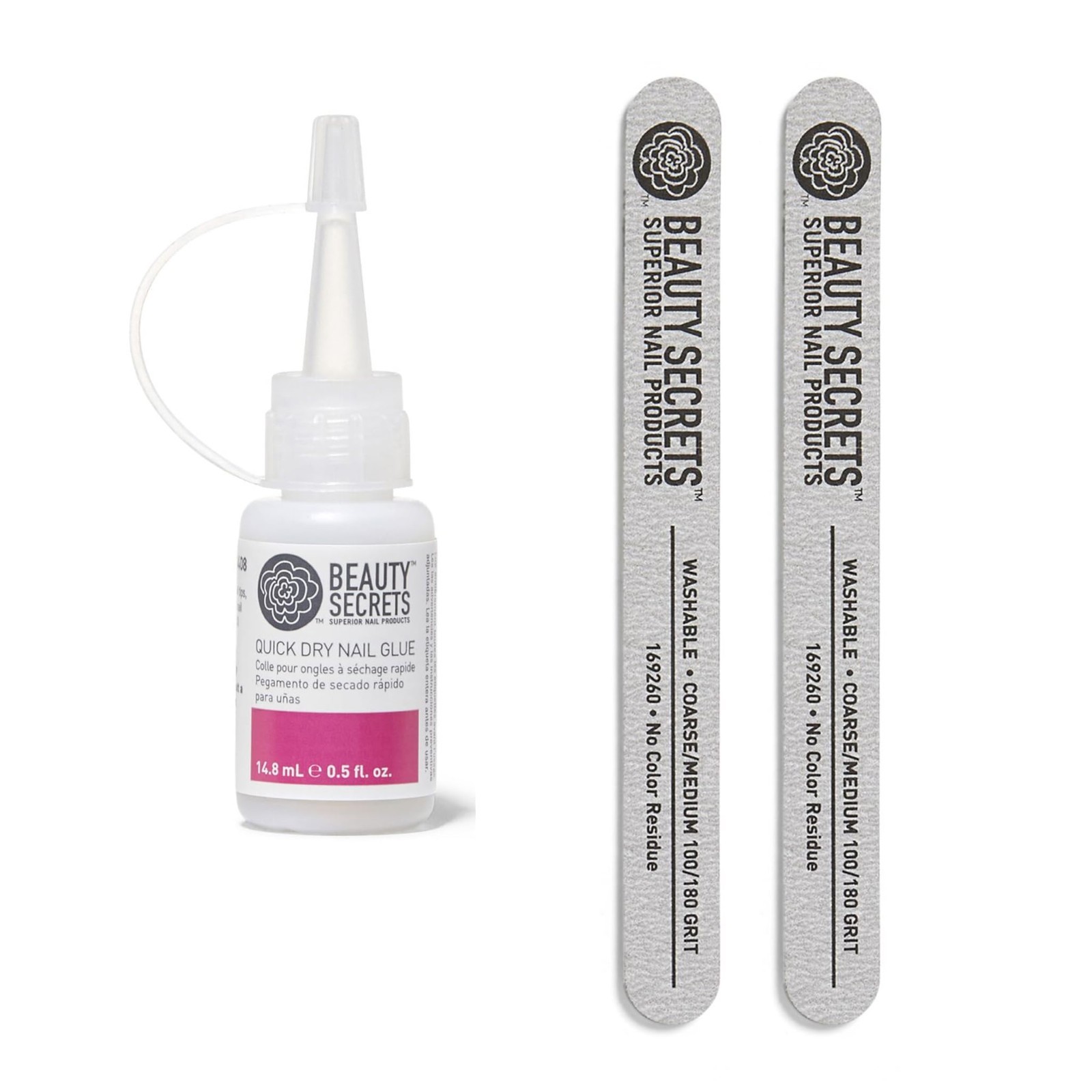 Quick Dry Nail Glue .5 Fl Oz + Zebra Cushion Nail File 180/100 Grit (2 Pack)