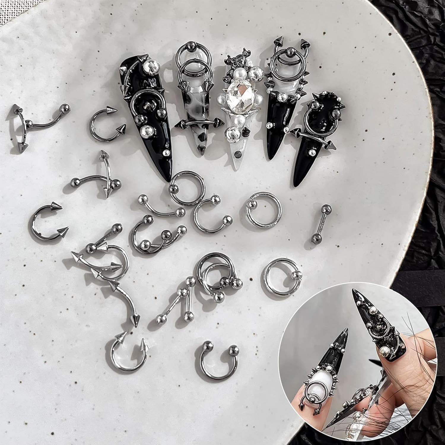 60Pcs Punk Gothic Nail Charms, 3D Punk Piercing Alloy Curve Arrow Rivet Nail …