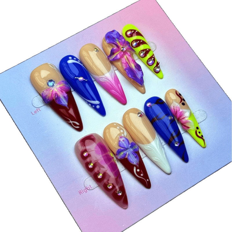 Vibrant Floral Handmade Press on Nails 3D Flower Rhinestone Colorful Fake Nails