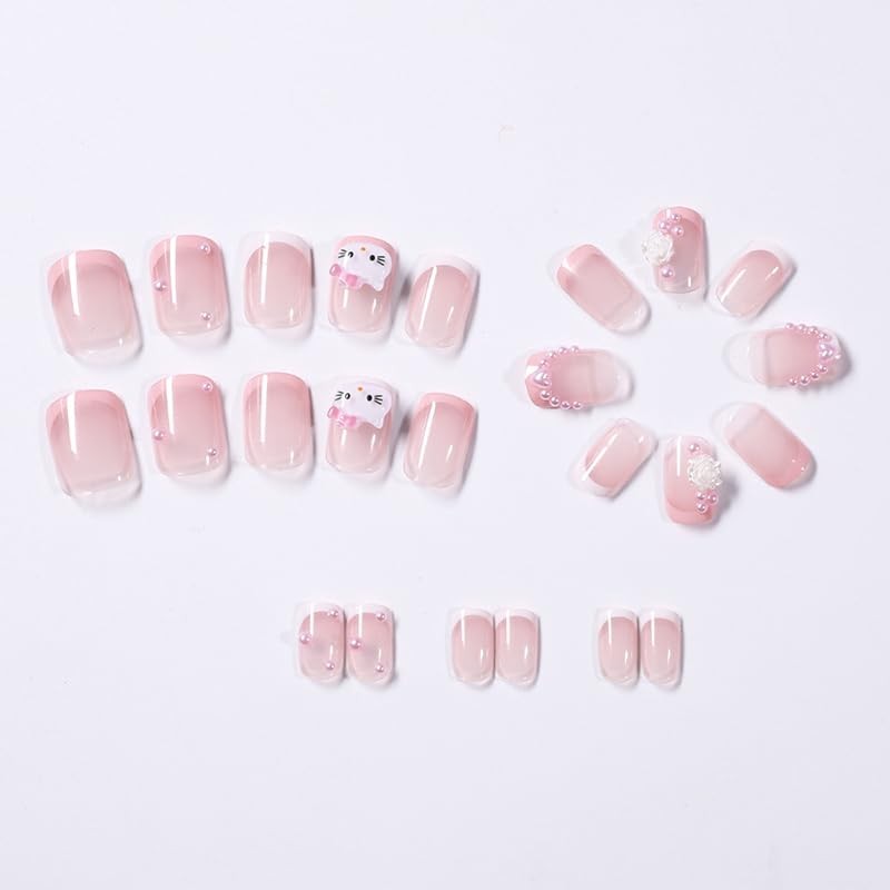 Pink French Tip Press on Nails Short Square Cute Fake Nails with Cat Flowers …