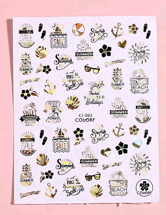 Beach Gold Nail Art Transfer Stickers Anchors Shells Mermaid Scales Whales Waves