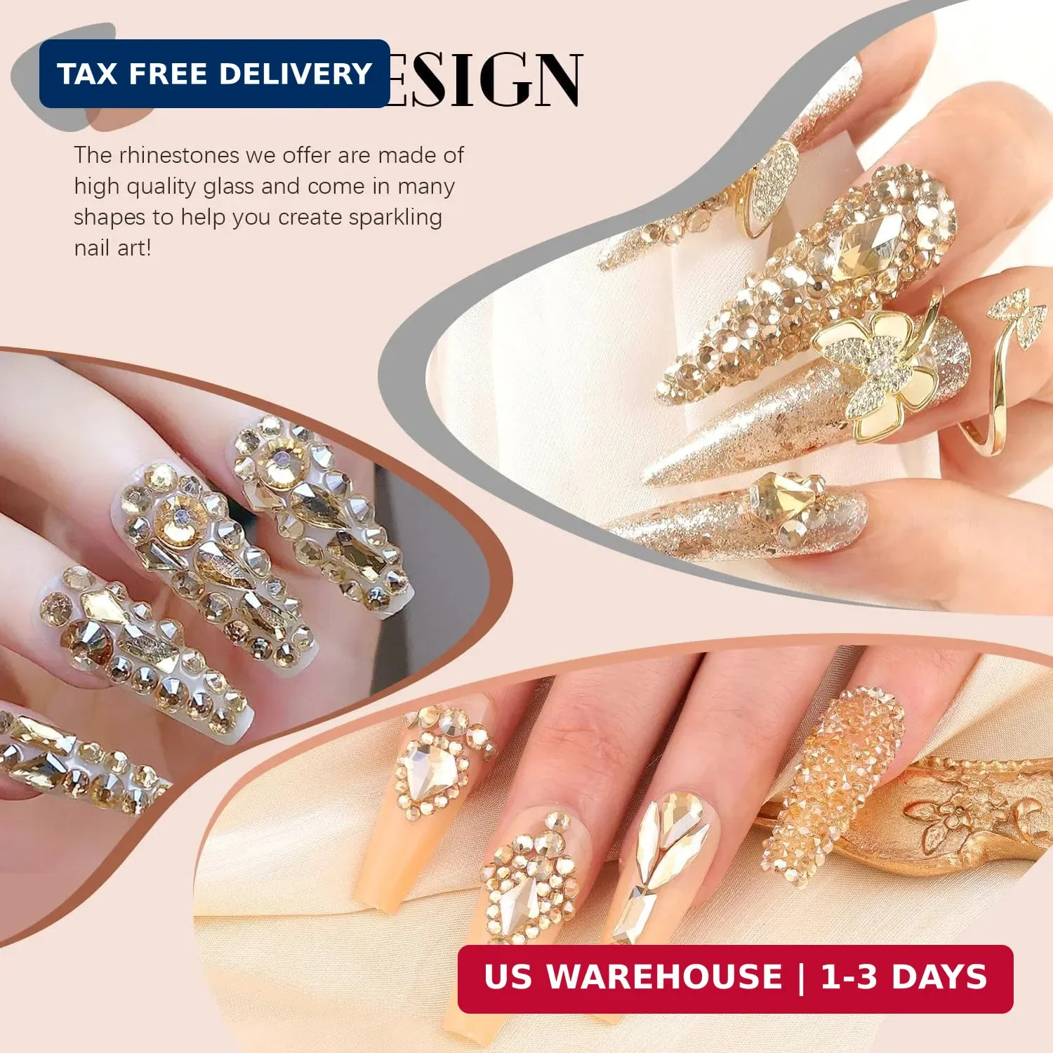 3100Pcs Champagne Gold Nail Rhinestones Kit, 1.5-3mm Mini Nail Gems + Multi Shap