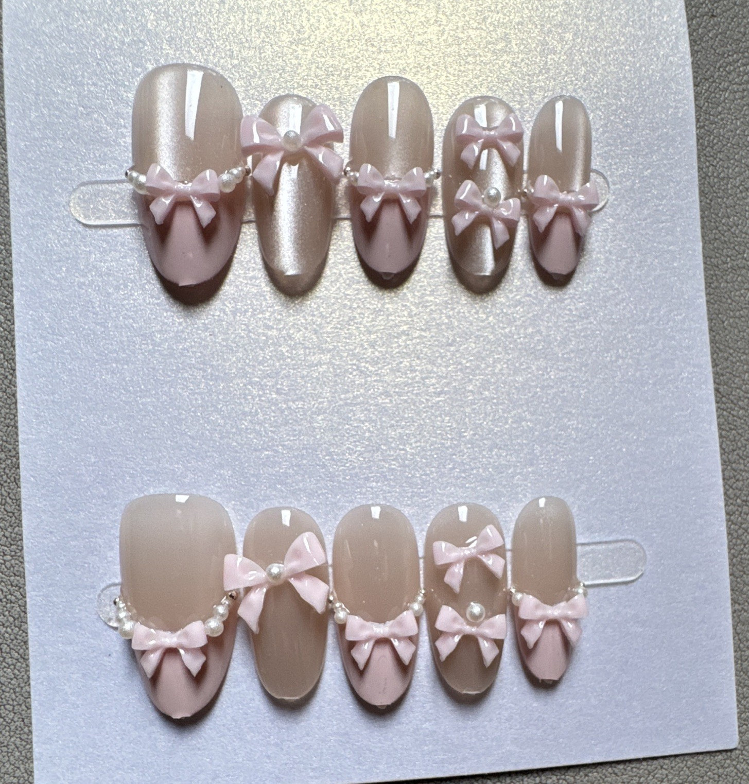 Press-On Nails Long Almond Pink/Beige 3D Bow Theme Full Cover Pre-Designed