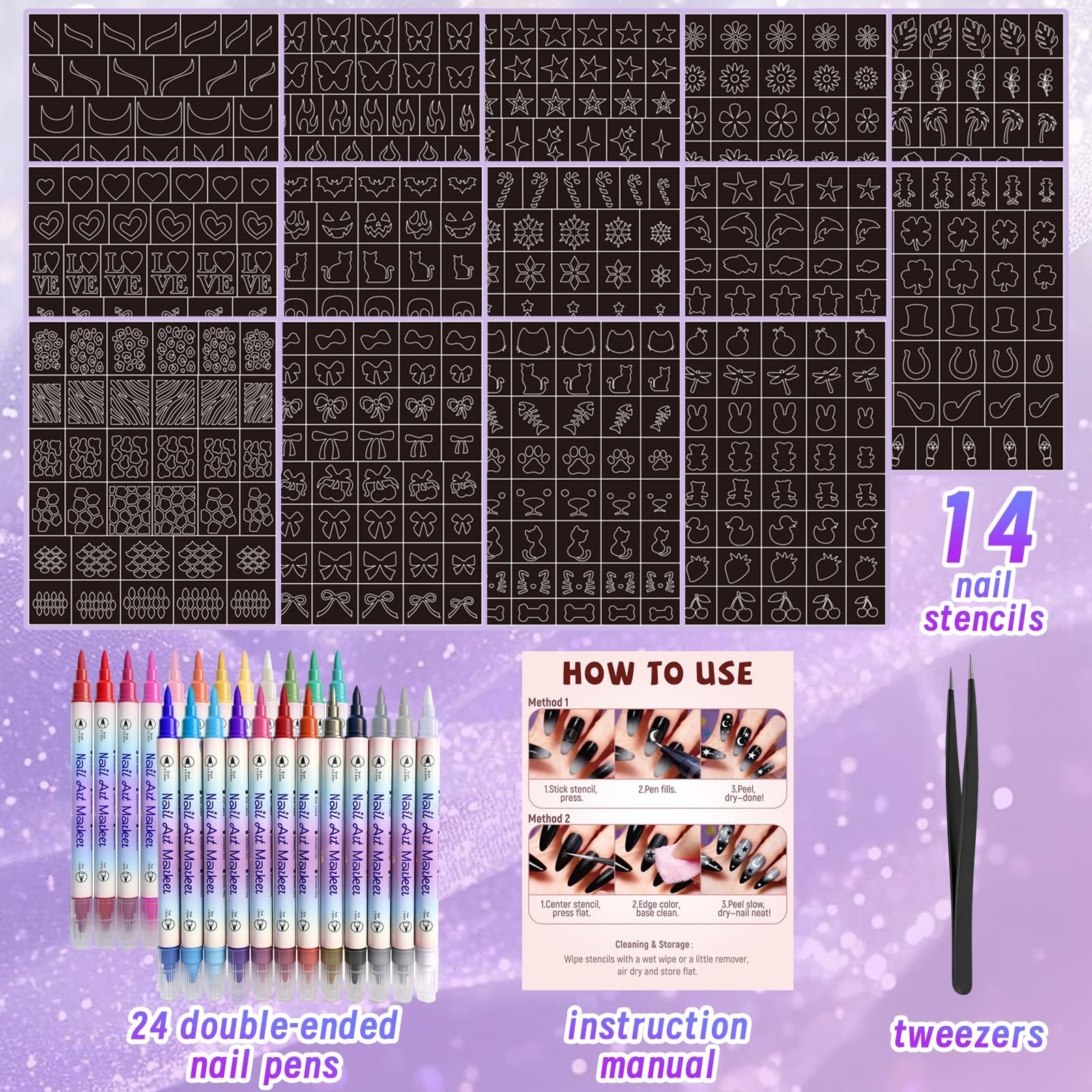 24-Color Nail Art Marker Pens Set with Dual Tips & 14 Stencils – Quick-Dry DIY T