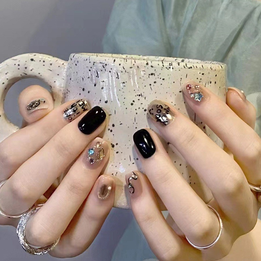 48Pcs Letter Rhinestone Press on Nails,Short Square Black Nude Trendy Fake Nails