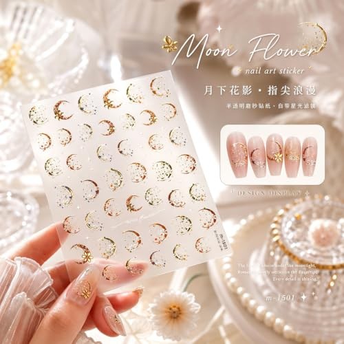 5D Embossed Gold Moon Daisy Nail Stickers for Women Pearl Star Nail Style-36