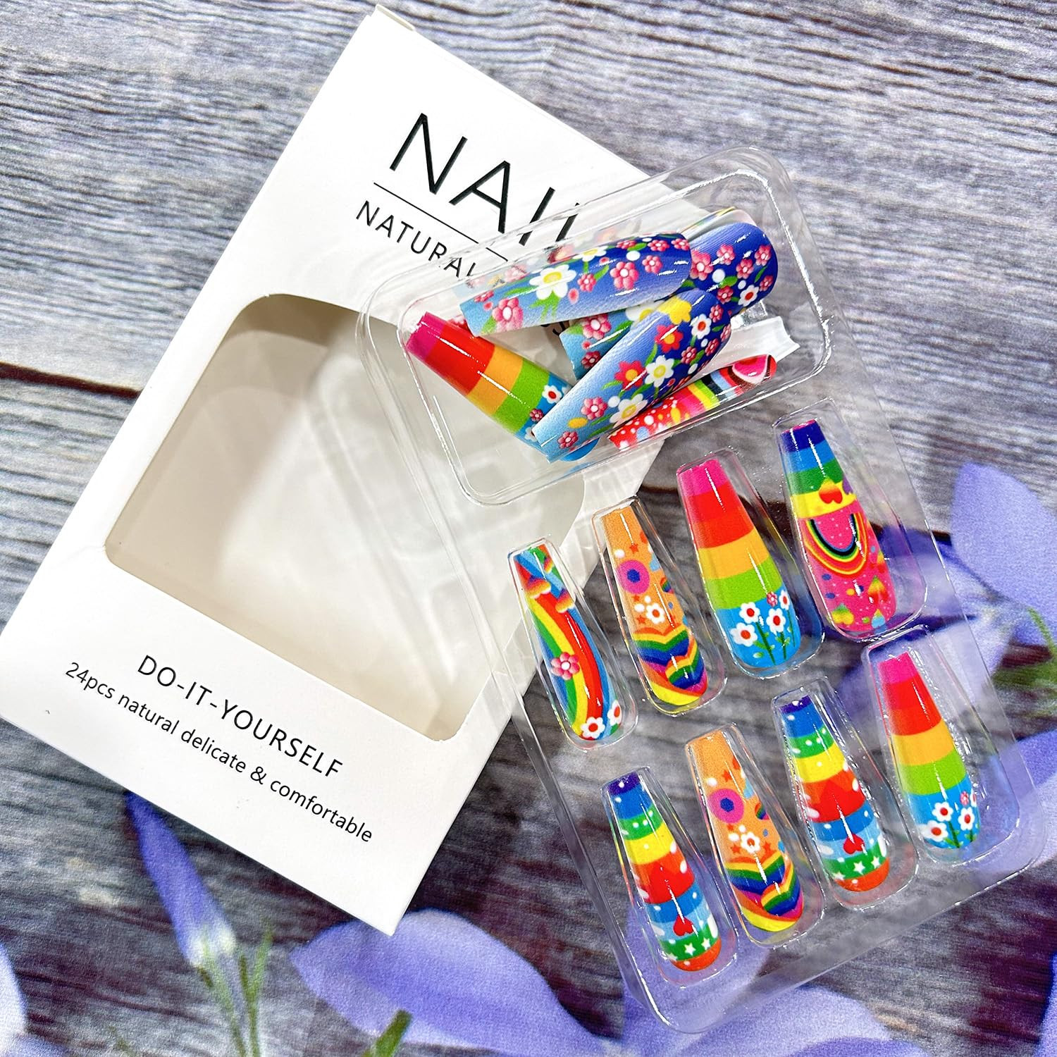 Rainbow Stripes Press on Nails Long Length Flower Love Heart Stripes Pattern Des