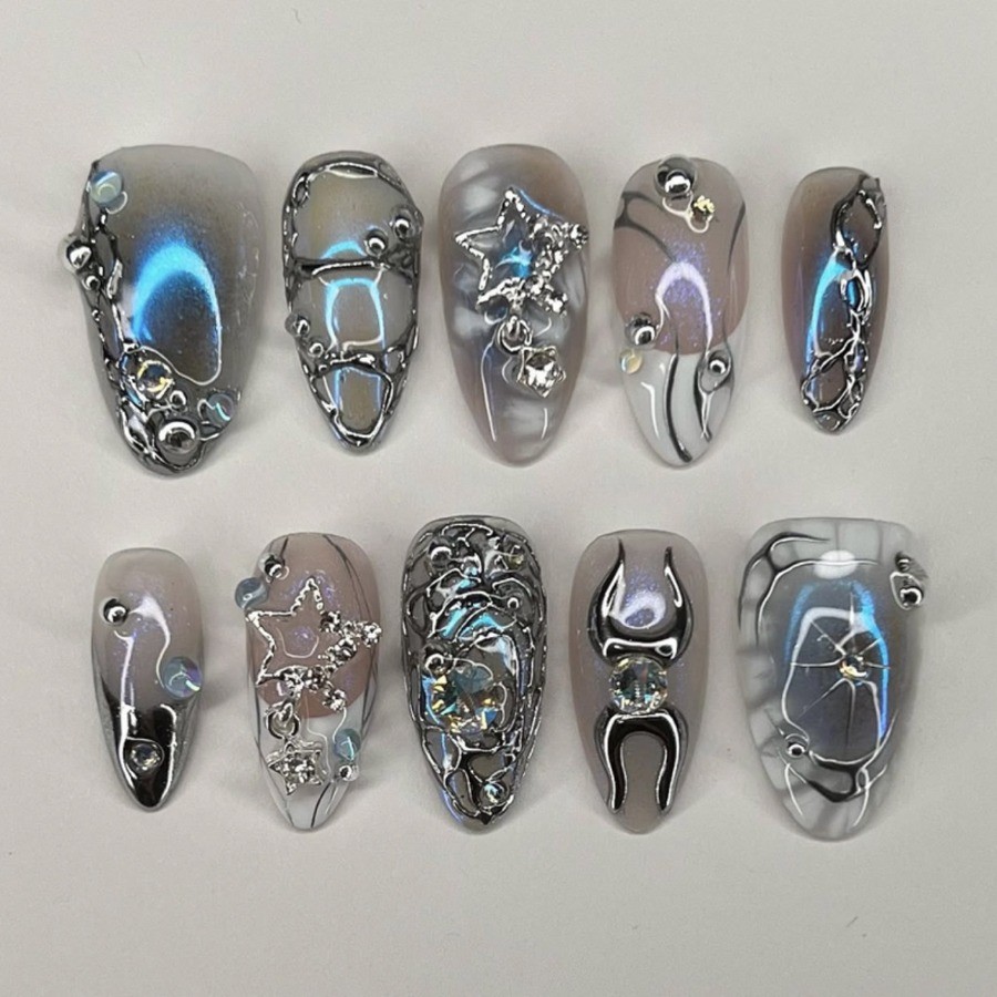 48Pcs-Long Almond Silver Chrome Moon Pearl 3D Rhinestone Press on Nails Set