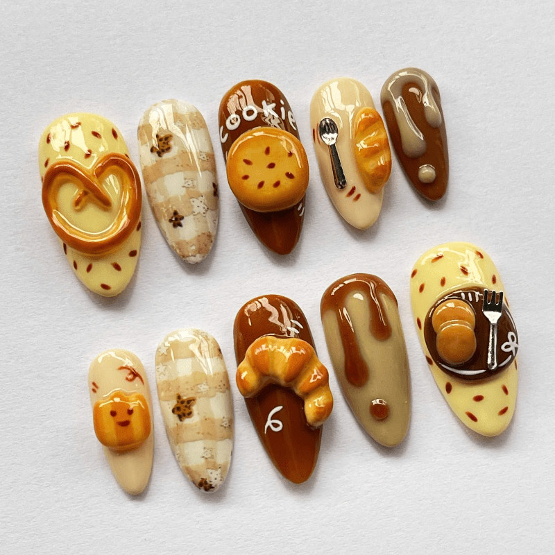Cookie Croissant Handmade Press on Nails Bread Drip Food Cute Gloss Fake Nails