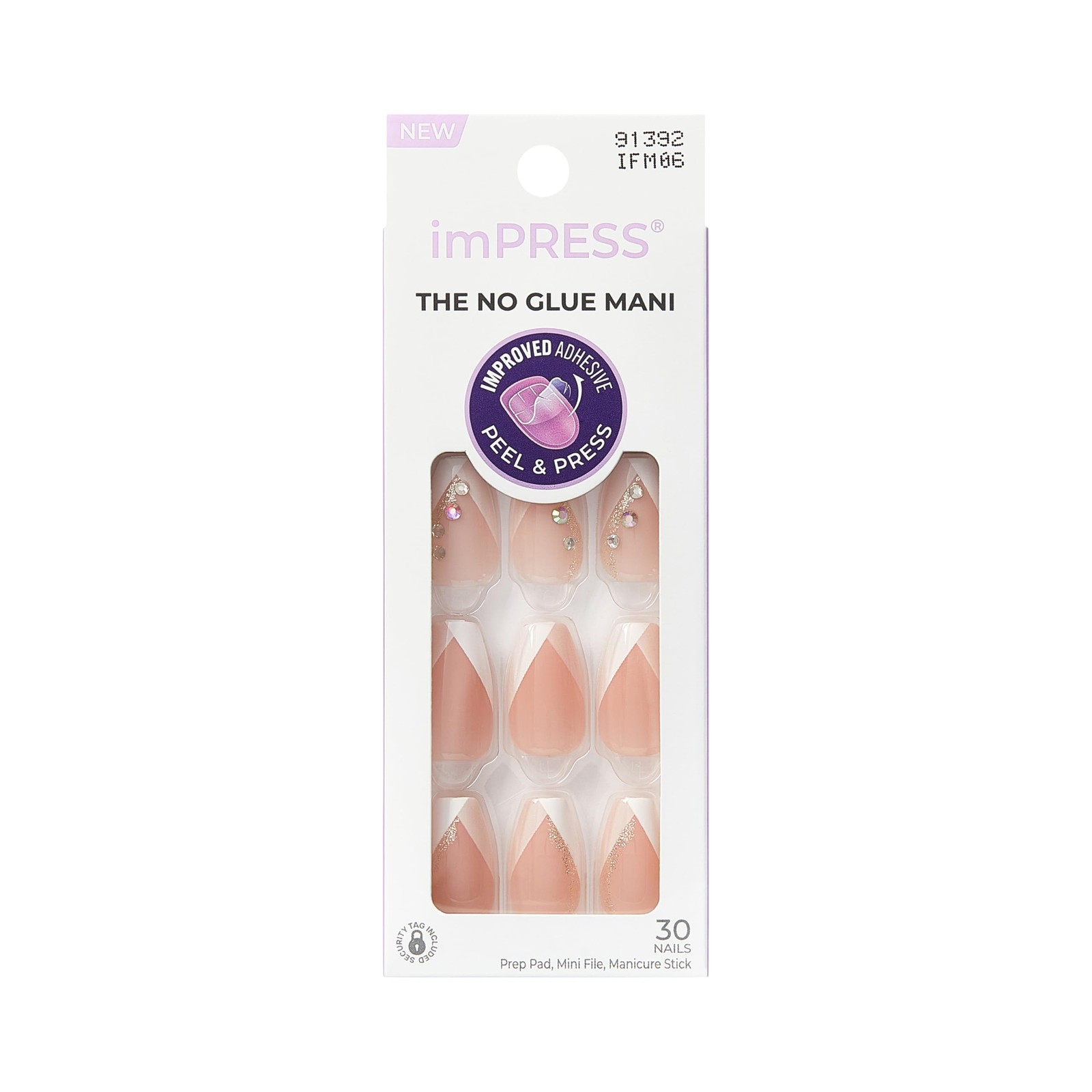 Kiss Impress No Glue Medium, Light Neutral + White Tip French(Coffin Shape)