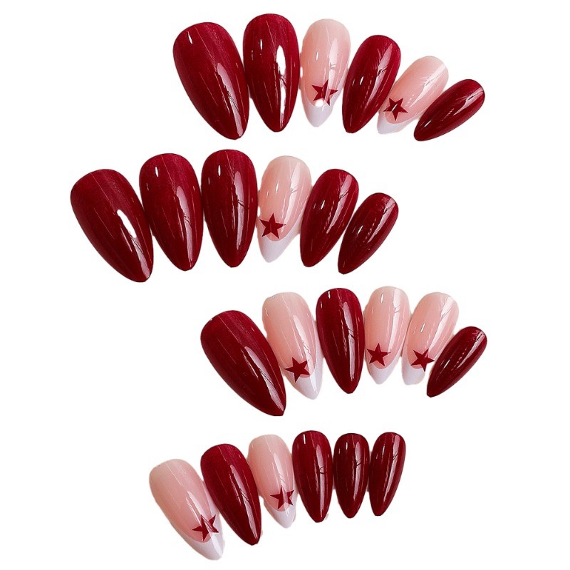 48 vibrant red and nude star shaped press in nails – medium almond length nail