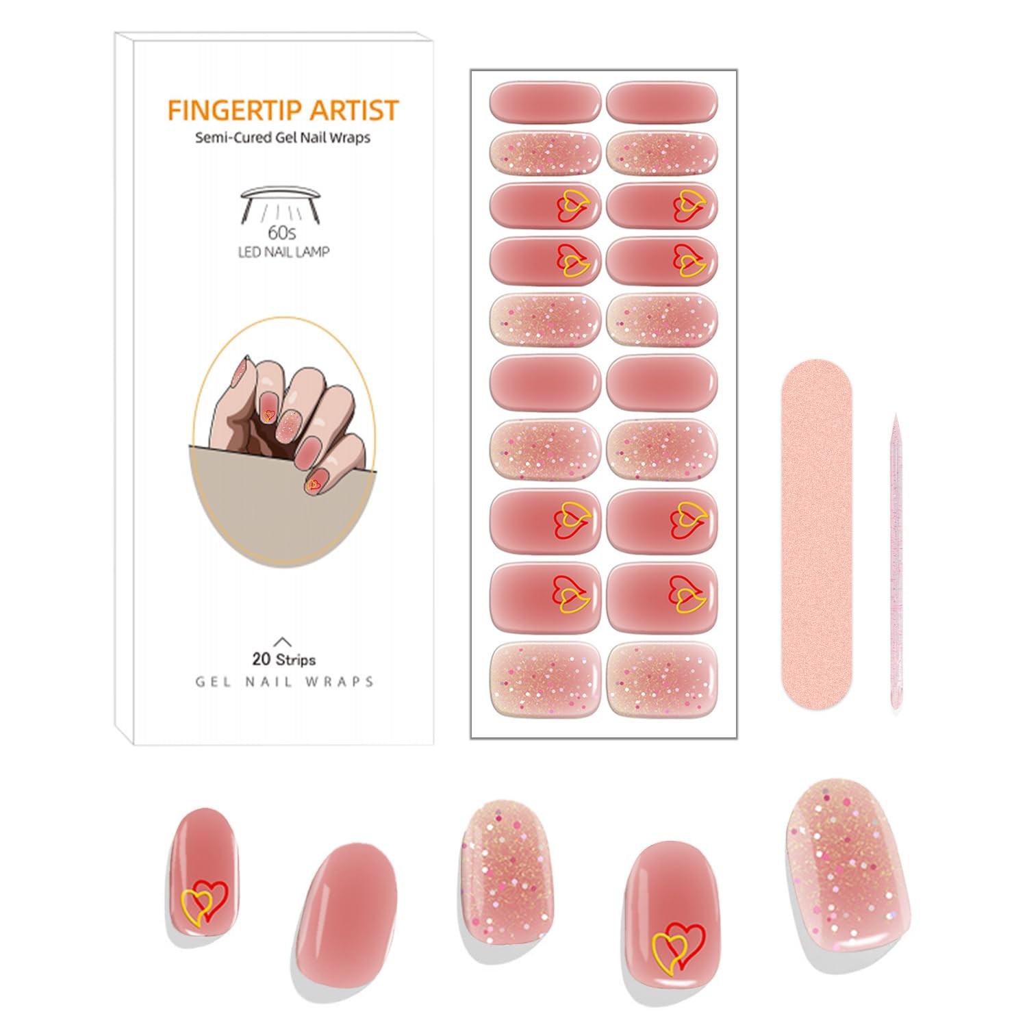 Heart Semi Cured Gel Nail Strips Valentines Gel Nail Stickers Full Nails Wrap…