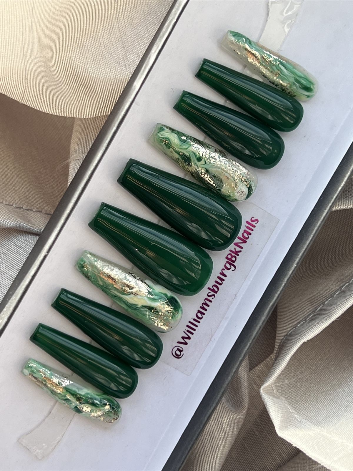 ✨ORIGINAL LUXURY Gel Press On Nails, Green Gold Flakes Coffin, 10p W/ kit MED