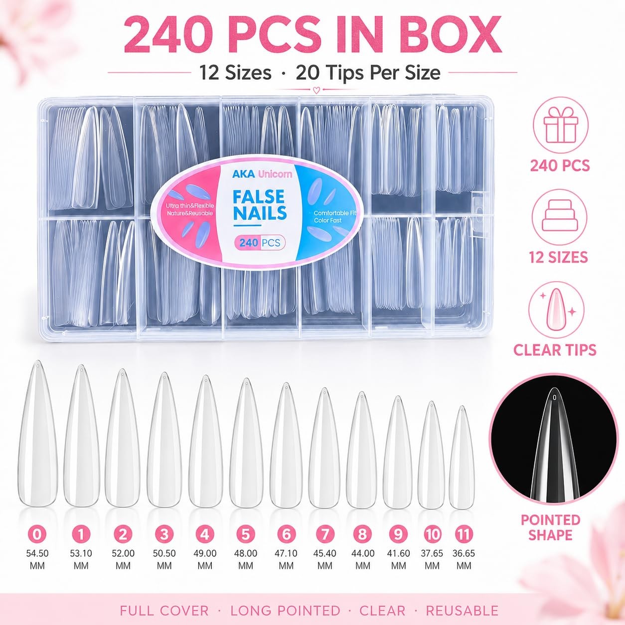 Long Stiletto Nail Tips, 240 Pcs Full Cover Clear Soft Tips