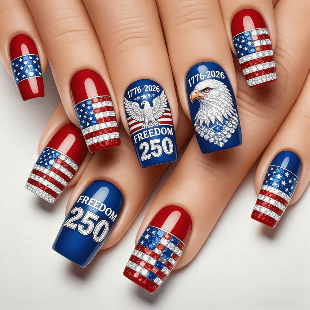 96Pcs Glossy Nails, USA 250th Anniversary, Flag & Eagle Pattern