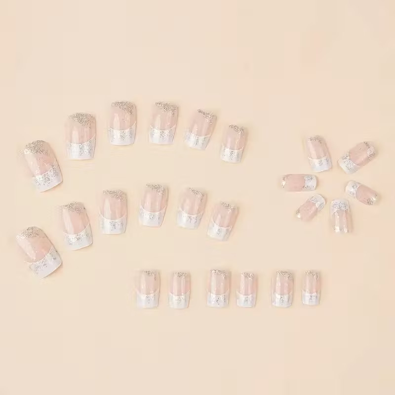 24pcs Medium Press-On Nails, Glossy, Pink and Glitter Silvery Tips