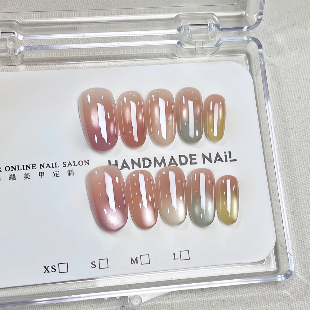 10Pcs Dopamine Cat Eye Press On Nails Gradient Glass Bead Vacation Manicure