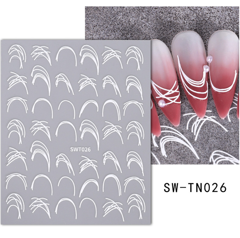 2Pcs Decoration 3D Silver White French Stripe Curve Line Tips Nail Stickers NH27