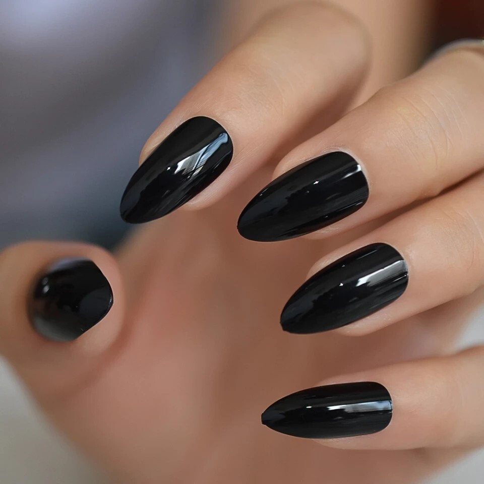 24 Glossy Black Press On Nails w/ Glue Medium Almond pointed goth emo alt almond