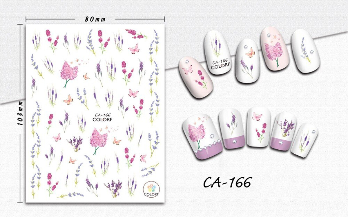 Nail art 3D stickers decal pink purple white flowers lavender butterfly CA166