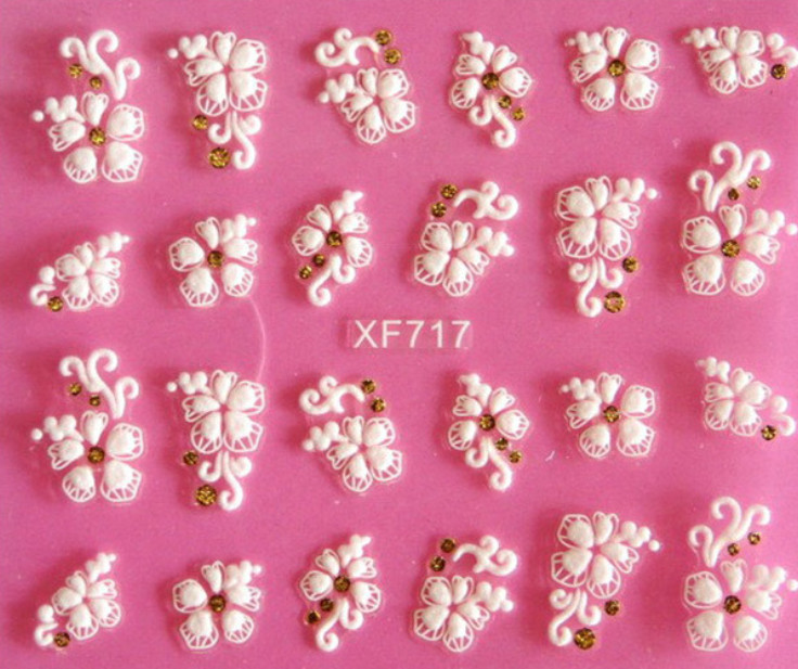 3D Nail Stickers White Lace Flowers with Gold Crystals bulk sale 10pcs