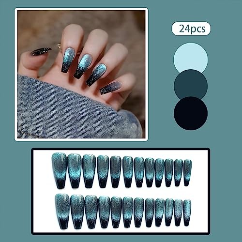 Glossy Press On Nails Long Coffin Blue Black Gradient Fake Nails for Women