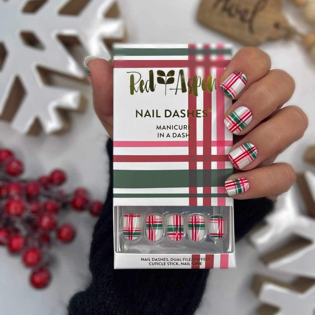 Red Aspen Press On Short Square Plaid Retro Ria ❤️
