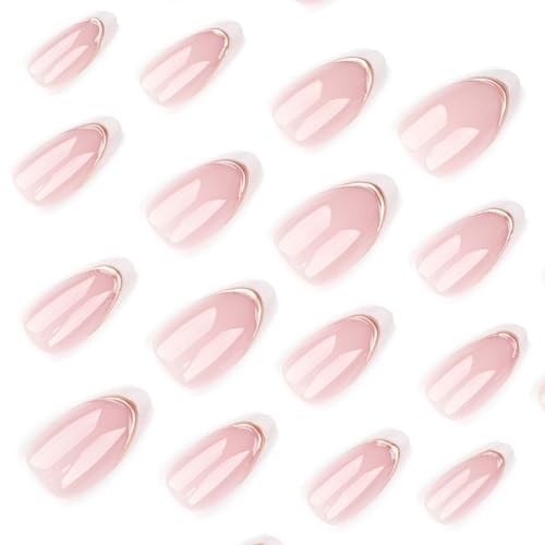 Medium Pink Almond Press on Nails – 3D Gold Stripes – White French