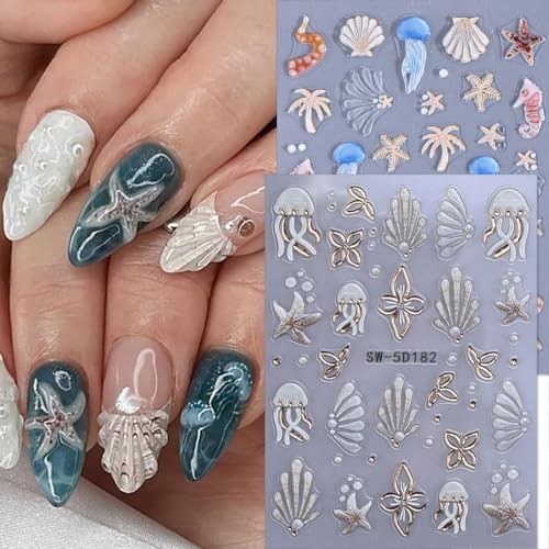 Summer Nail Stickers 5D Beach Shell Nail Decals Embossed Ocean 5D Ocean Theme