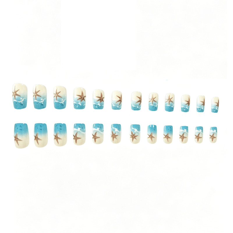 48pcs Short Square Press on Nails, Blue Wave 3D Starfish Beach Summer Nails