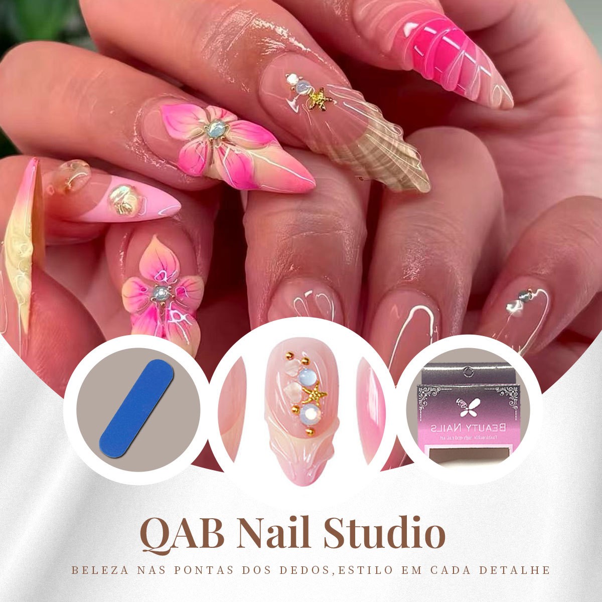 Pink Gradient Carved Shell Star INS Style Sweet Press On Nails Wholesale