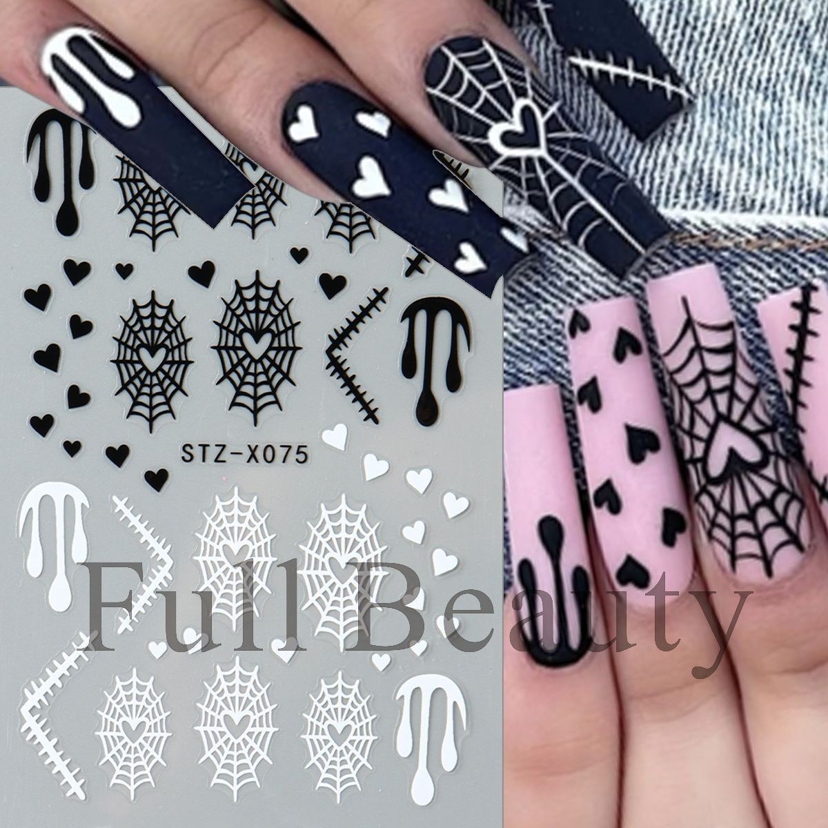 Halloween Nail Art Stickers Black White Spider Web Blood Star French Decals NH30