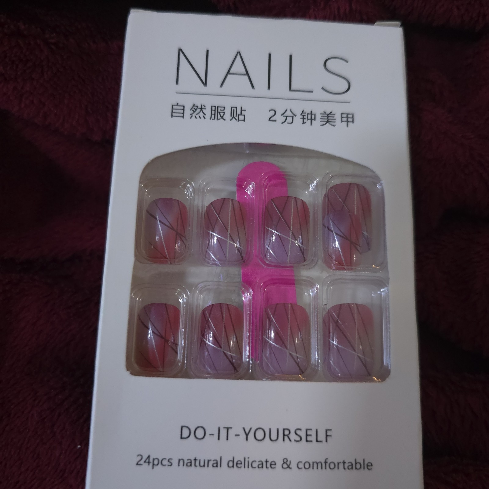 24pc Press On Nails Pink Purple Ombre False Nails Silver Geometric Line Fake Nai