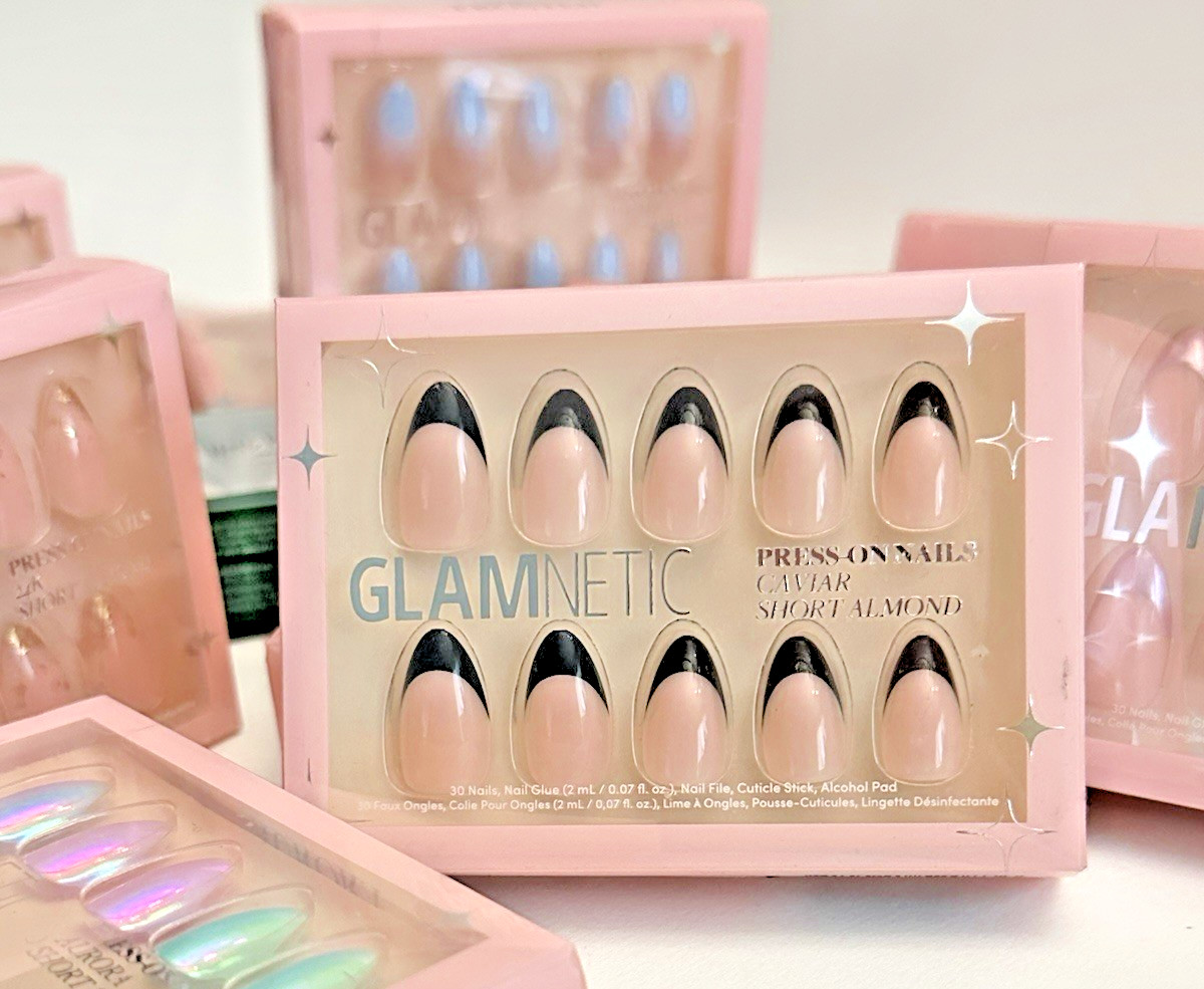 NEW FULL SET GLAMNETICS Press On Nails CAVIAR Short Almond Black FRENCH TIPS