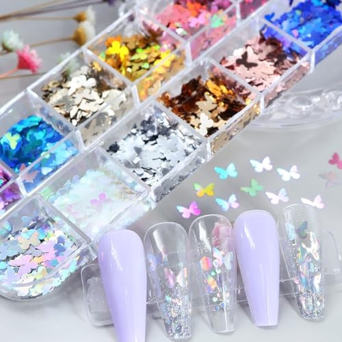 12 Grids Holographic Butterfly Nail Art Glitter Sequins 3D Sparkly Laser