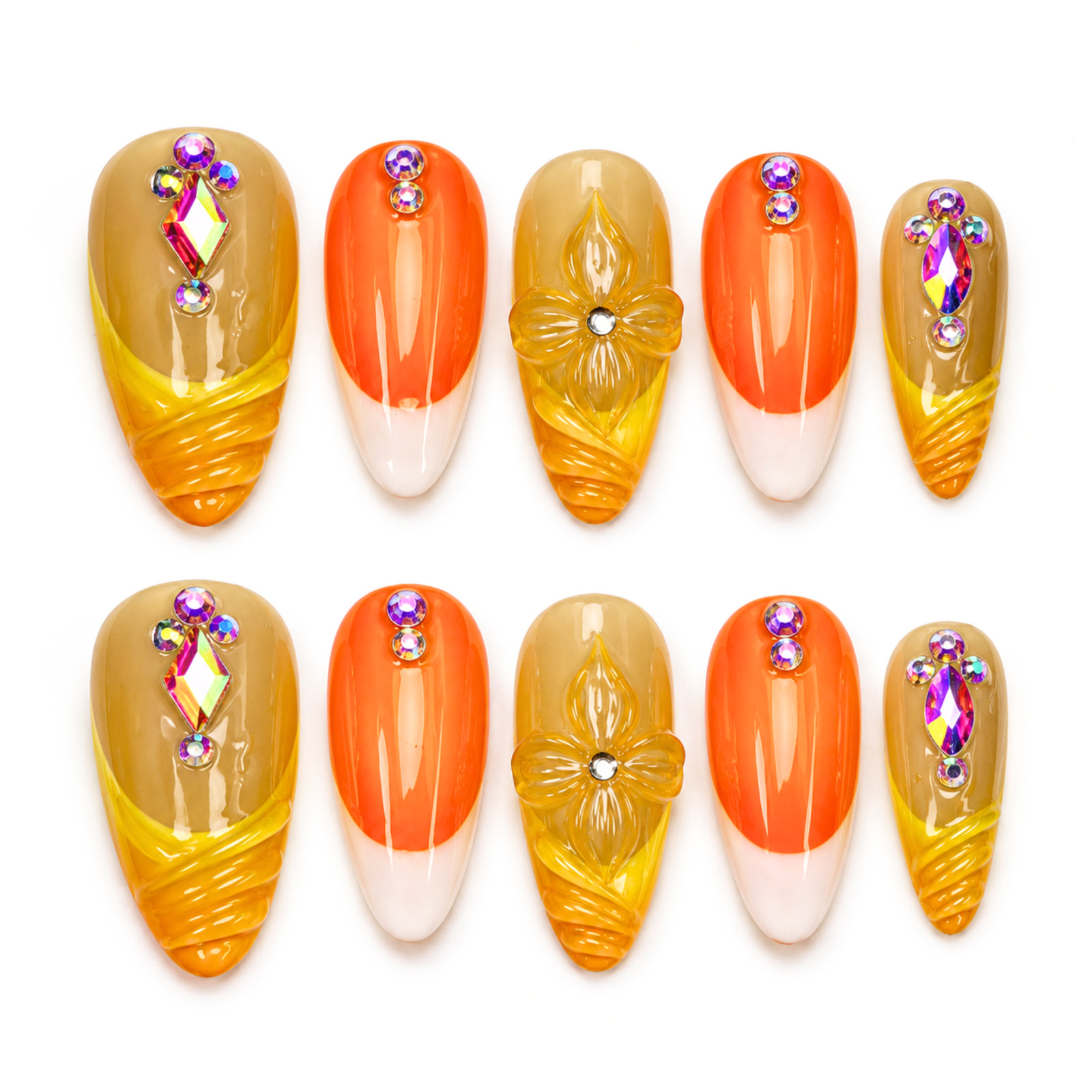 Handmade Orange Yellow 3D Floral Rhinestone Press On Nails Set