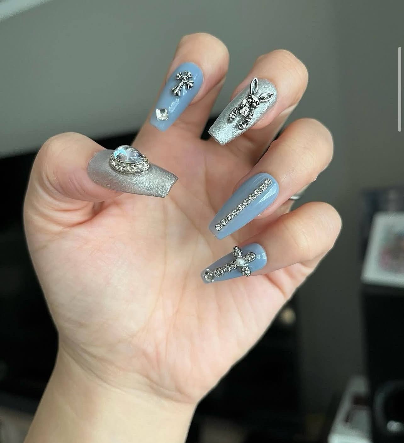 Press-On Nails Long Square Blue Silver Shiny Glitter Full Cover Pre-Designed Set