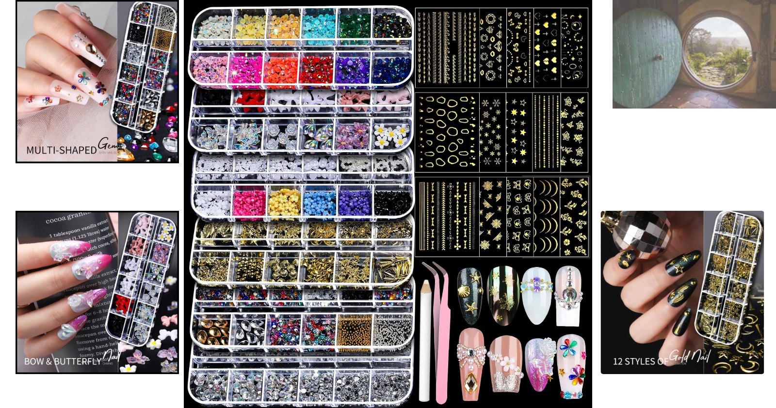 All-in-One Nail Art Charm Kit with Gold Stickers and Colorful Rhinestones