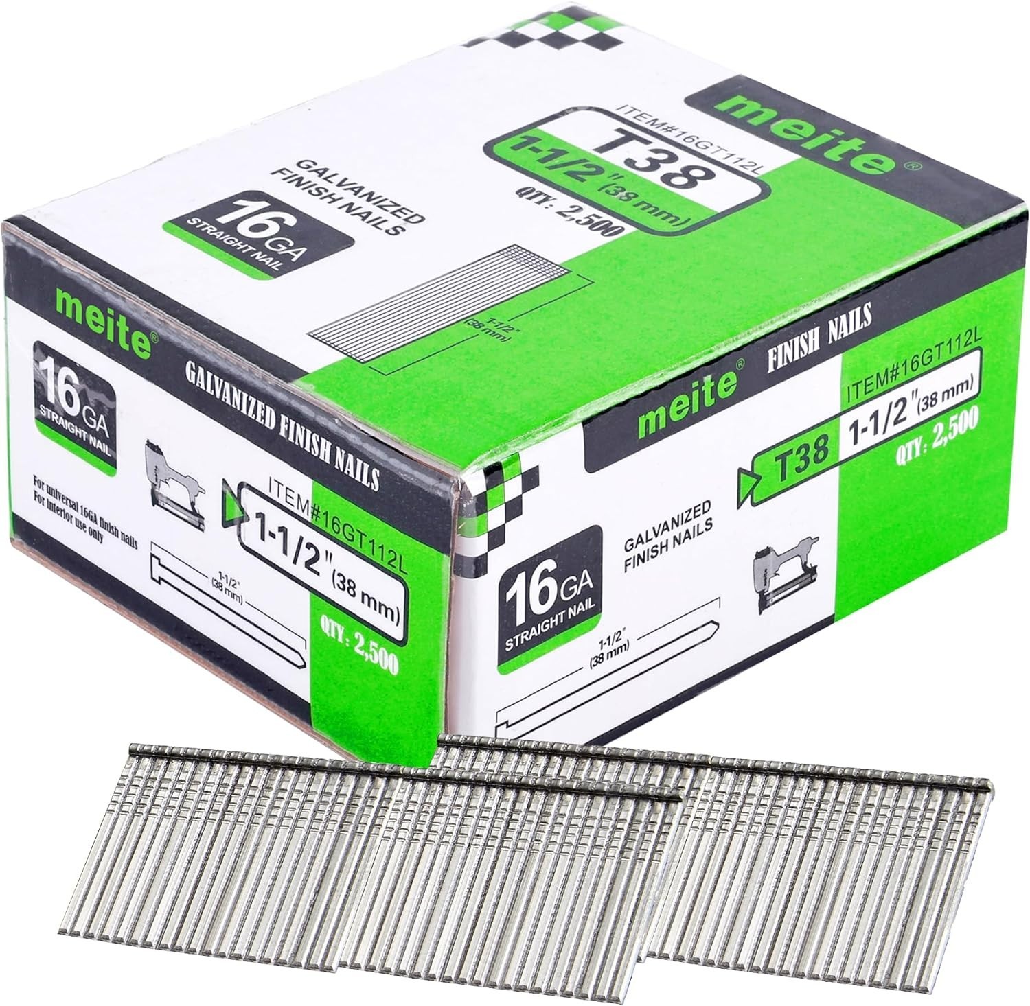 Durable 16 Gauge Galvanized Finish Nails 1-1/2 Inch – 2500 PCS for Nailer Guns