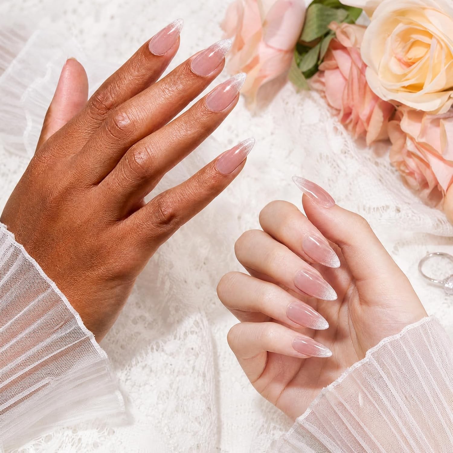 VSALON Cat Eye Press On Nails, Medium Almond, Pink Shimmer, Reusable