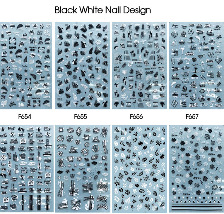 Black White Geometric Leaves 5D Nail Stickers Adhesive Decals Flowers Nail NS5
