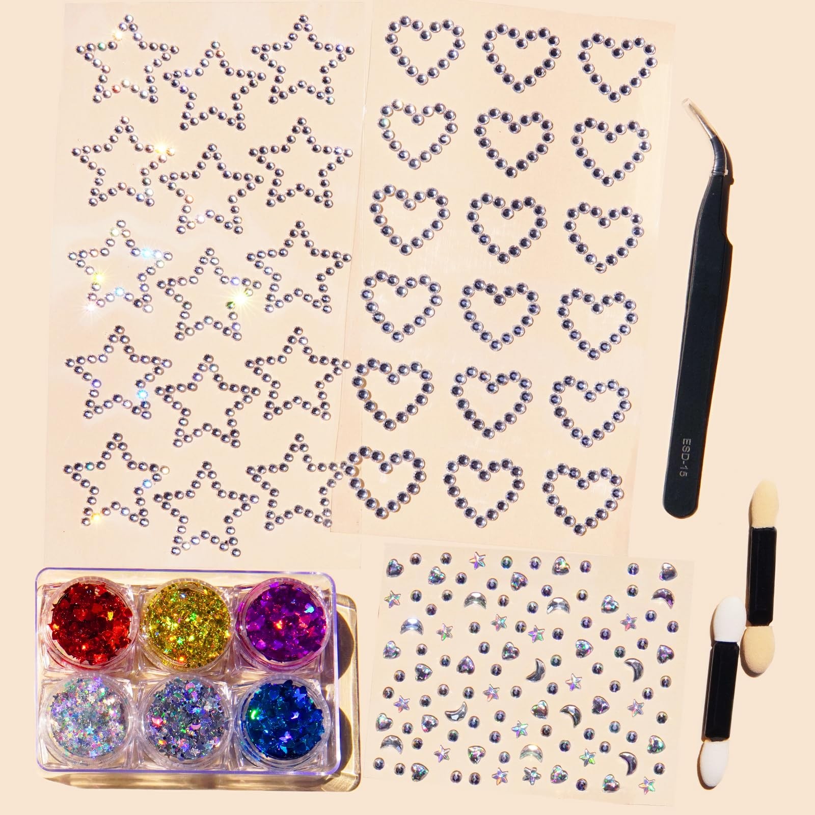 Face Glitter Body Glitter Gel with Face Heart Star Stickers, 6 Colors Hair Gl…