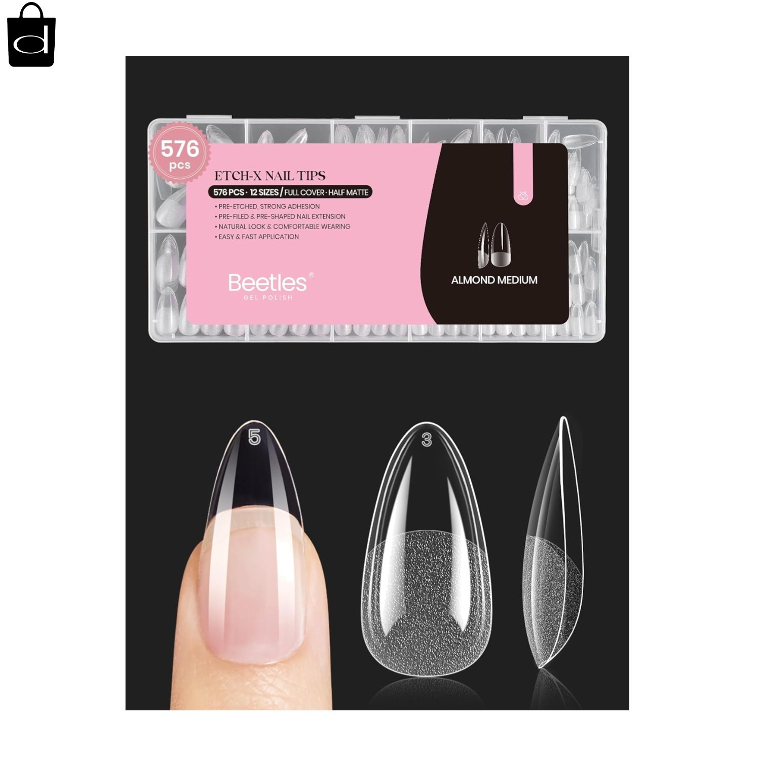 Beetles Medium Almond Nail Tips 576pcs Clear Soft Gel Pre-Etched Full Cover Set