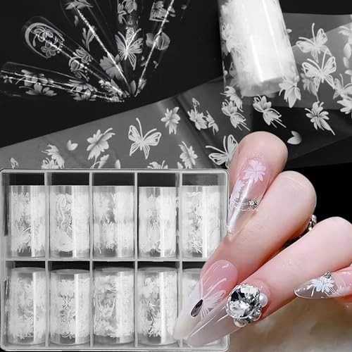 10 Rolls White Flower Nail Foil Holographic Nail Art Foil White Flower Style