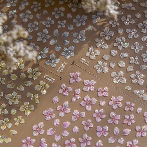 4 Sheets Flower Nail Art Stickers 5D Embossed Yellow Blue Colorful Flower 5