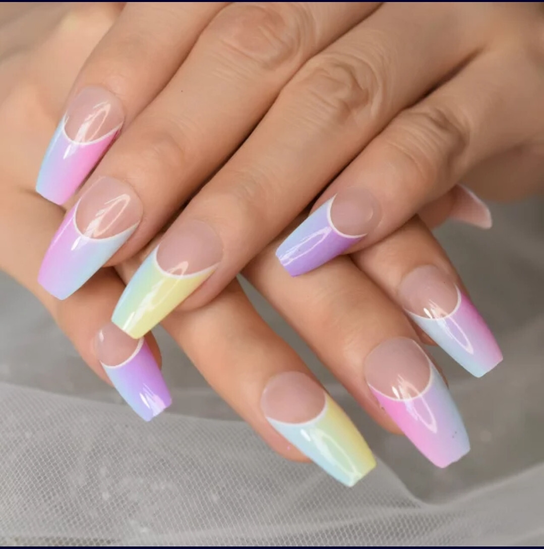 24 Medium Press on nails kit w glue rainbow ombre french clear