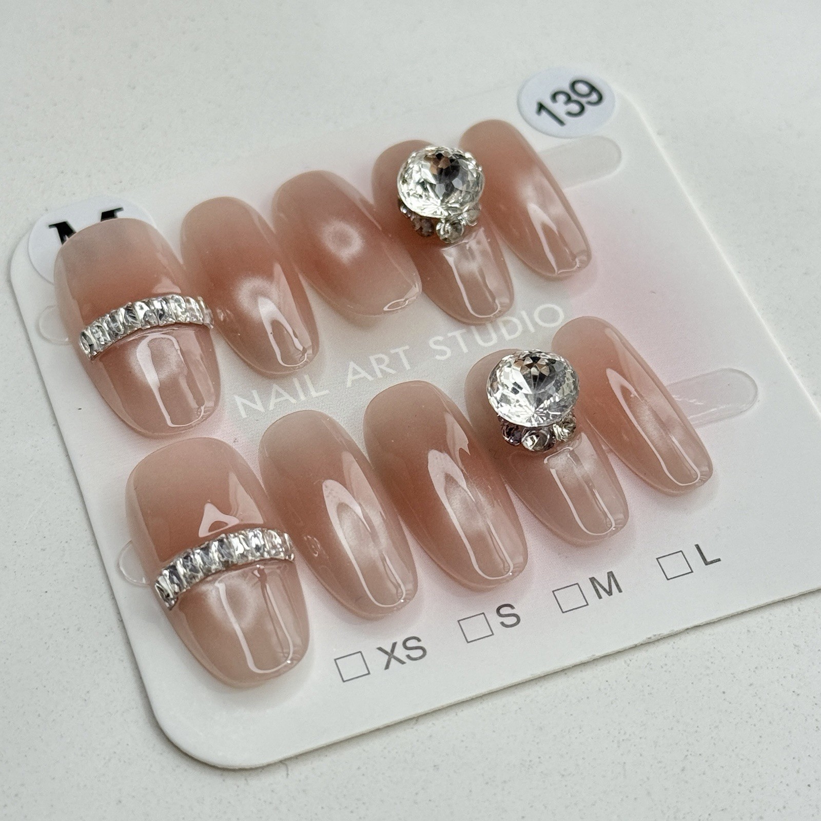 Handmade Pink Rhinestone Ring Press-On Nails Medium Oval SizeM Reusable
