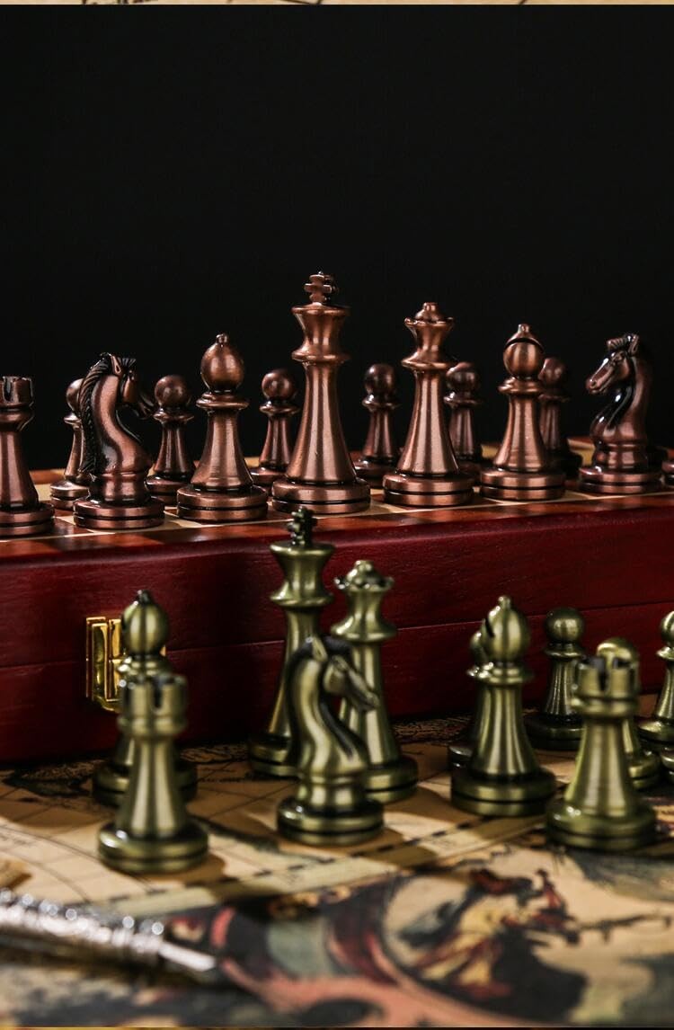 Agirlgle Retro Metal Chess Set with Folding 6.5 x 13.3 x 1.7 inches, Bronze