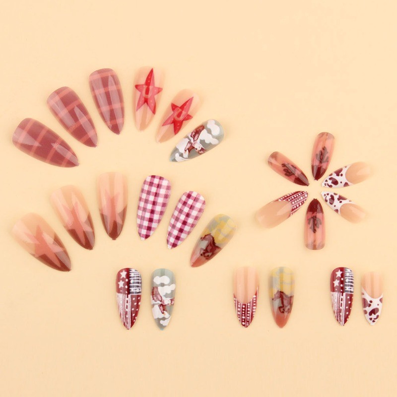 48P-Press on Nails Rodeo Cowgirl Star Glossy Almond Nail Set Reusable Handmade