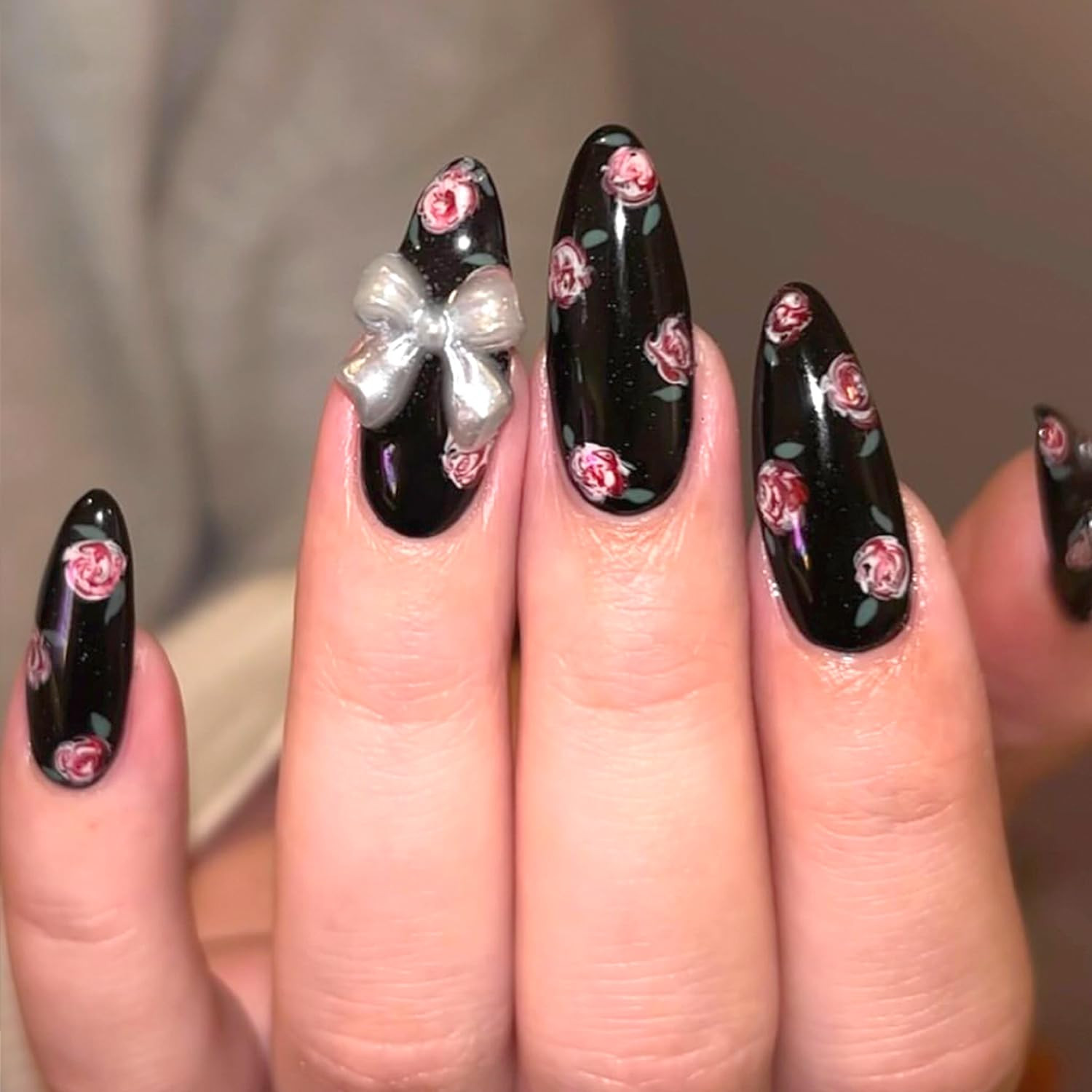 24Pcs Nude Pink Press on Nails Solid Color Short round Fake Nails 3D Love Bow Ch